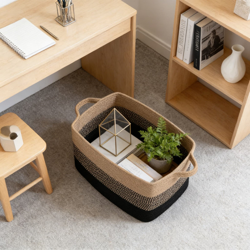 Large Woven Storage Basket With Handles, Foldable Cotton Rope Organizer For Blankets, Toys, And Home Decor, Black/Brown