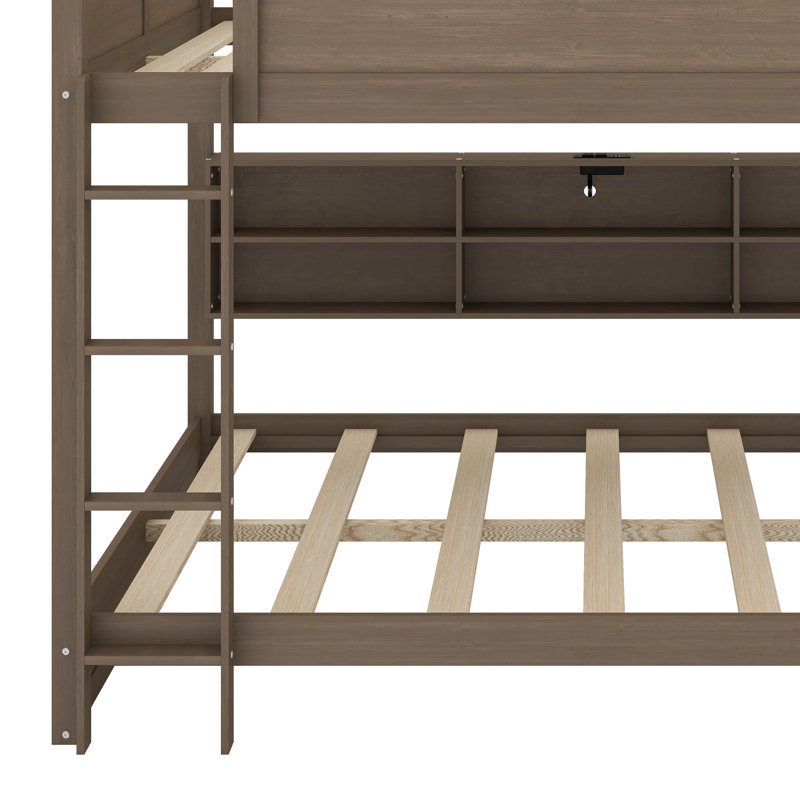 Queen Over Queen Bunk Bed With Cabinets And USB Ports, Antique Wood Color