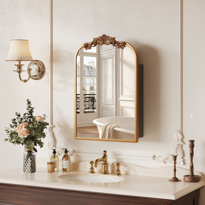 16"x24" Vintage Arched Medicine Cabinet with Mirror, Wall Mounted Bathroom Storage with Recessed/Surface Mount Options, Baroque Retro Design, Gold Metal Frame
