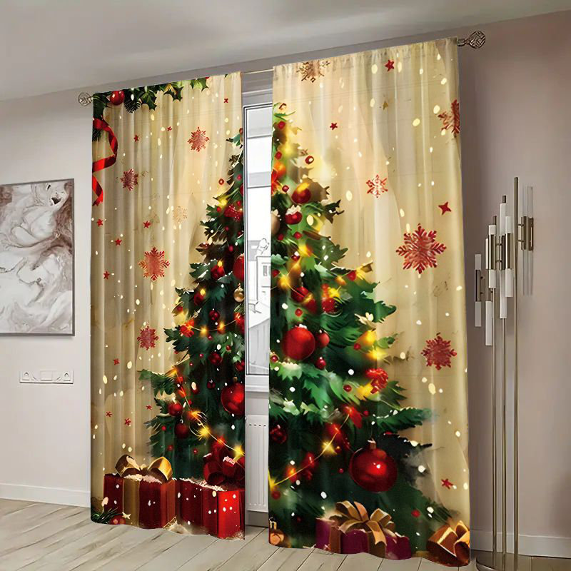 2Pcs Christmas Tree Curtains Window Drapes - Festive Holiday Rod Pocket Panel with Decorated Snowflake Pattern Light Filtering Privacy Enhancing for Living Room Bedroom Home Office Xmas Decoration