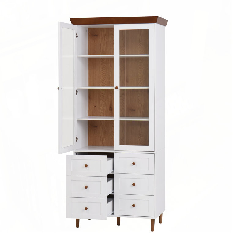 White MDF Display Storage Cabinet,Tall Kitchen Pantry Cabinets with Glass Doors and Adjustable Shelves,Freestanding Storage Cupboard for Kitchen, Living Room