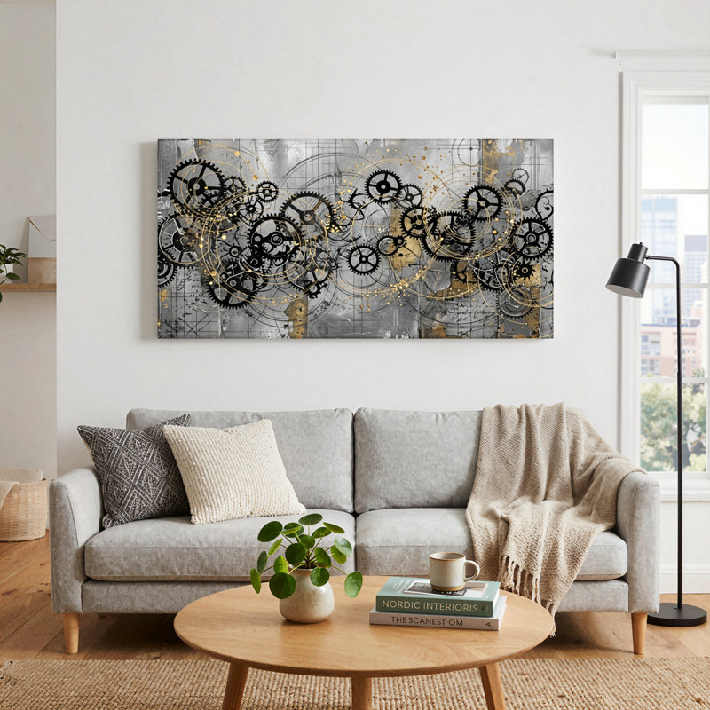 Ensemble de 1 tableau sur toile représentant des engrenages mécaniques, 46“W x 24”H, Wrapped Canvas