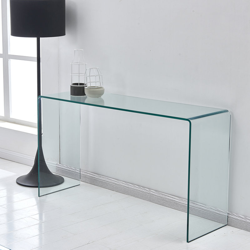 Console en verre, console en verre trempé transparent avec bureaux à bords arrondis, table de canapé