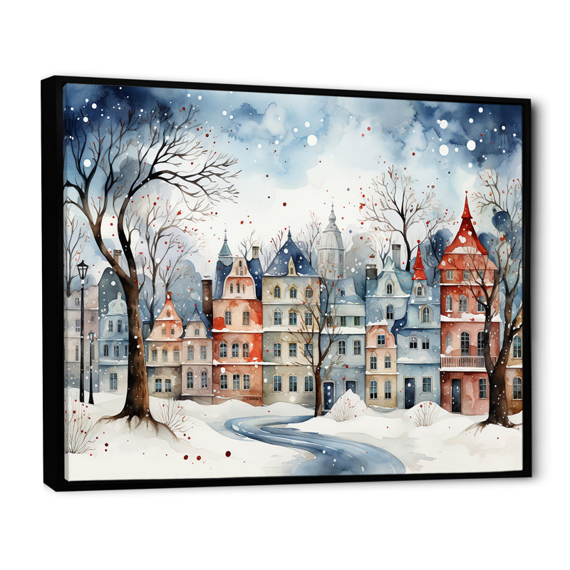 «Christmas village in Winter III - Winter Landscape», art mural encadré, Cadre flottant noir, H 34 po x l 44 po x P 1,5 po