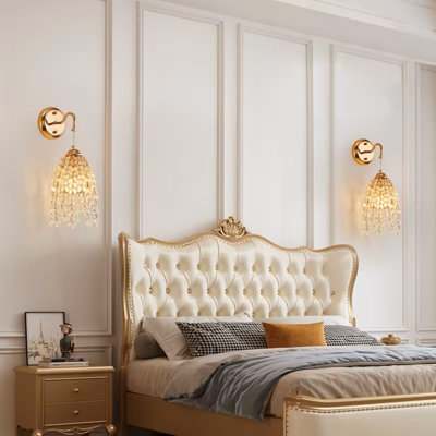 Modern 1-Light Crystal Grape Bead Wall Sconces with Adjustable Hanging Height, Glam Gold Metal Accent Wall Lights for Bedroom, Living Room & Hallway, Set of 2 (Bulb Not Included)