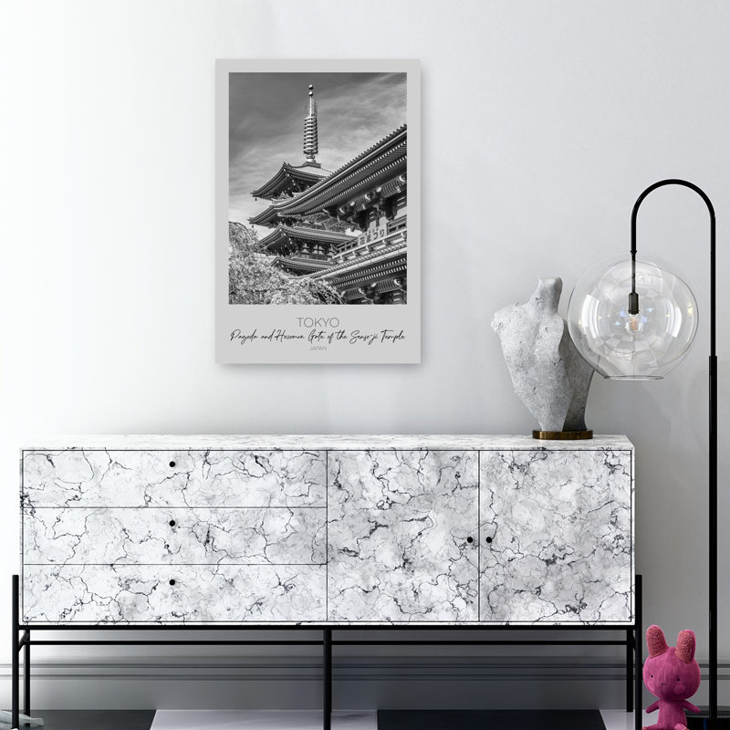 In Focus: Tokyo Pagoda And Hozomon Gate Of The Senso-Ji Temple Abstract Contemporary Cherry Tree Architecture City Wall Art Print 1 Piece Wrapped Canvas Wall Art
