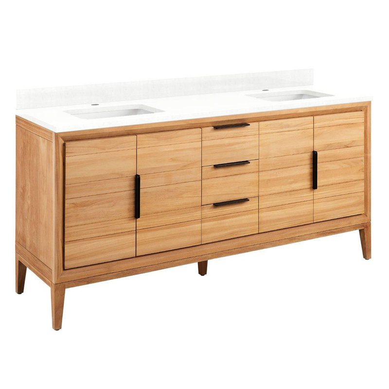 Meuble-lavabo double 72 po Aliso, Monocentre centré, Quartz blanc plume, Teck naturel