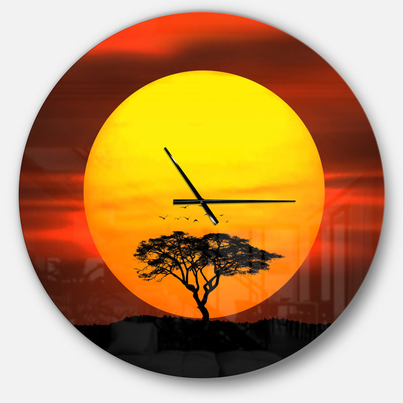 Arbre solitaire avec oiseaux au coucher du soleil - Horloge murale moderne, Surdimensionné