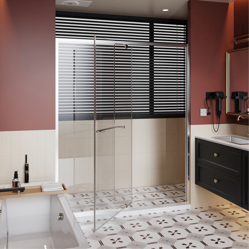 56-60.In W X 72.In H Pivot Shower Door, 1/4 Inch Thick Clear Tempered Glass Swing Shower Door With Stainless Steel Handle, Chrome