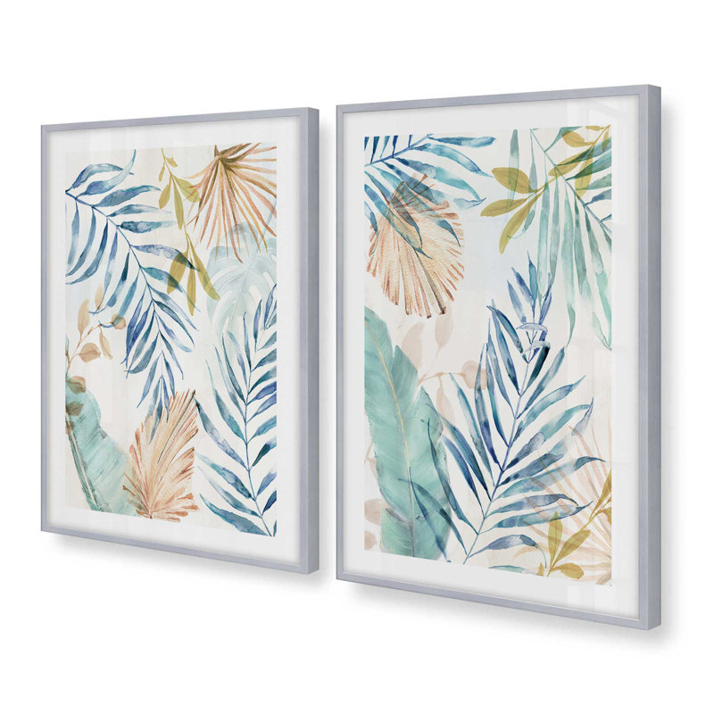 Ensemble de 2 impressions sur feuilles Leafy Breeze, 48 po x 32 po, Impression encadrée, Chrome poli