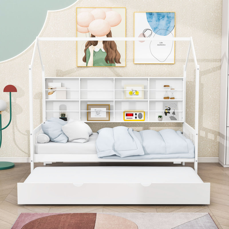 Lit en bois avec lit gigogne simple et tablettes, Blanc, Simple