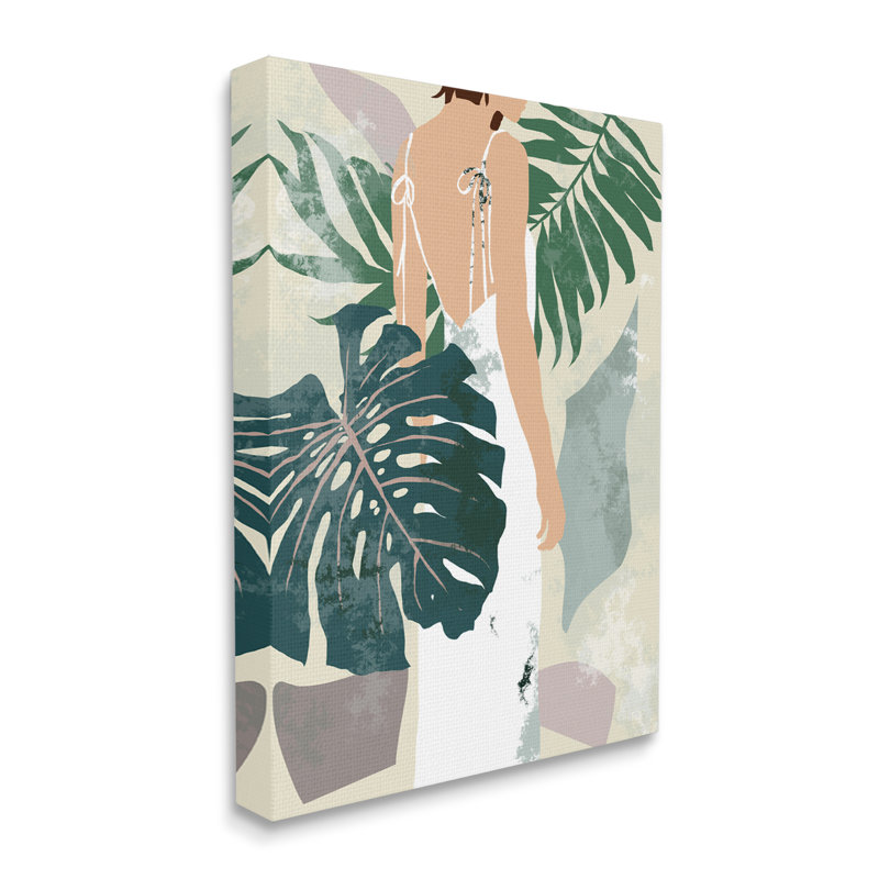 Femme entre palmiers ombragés et plantes tropicales, Toile tendue, H 30 po x l 24 po