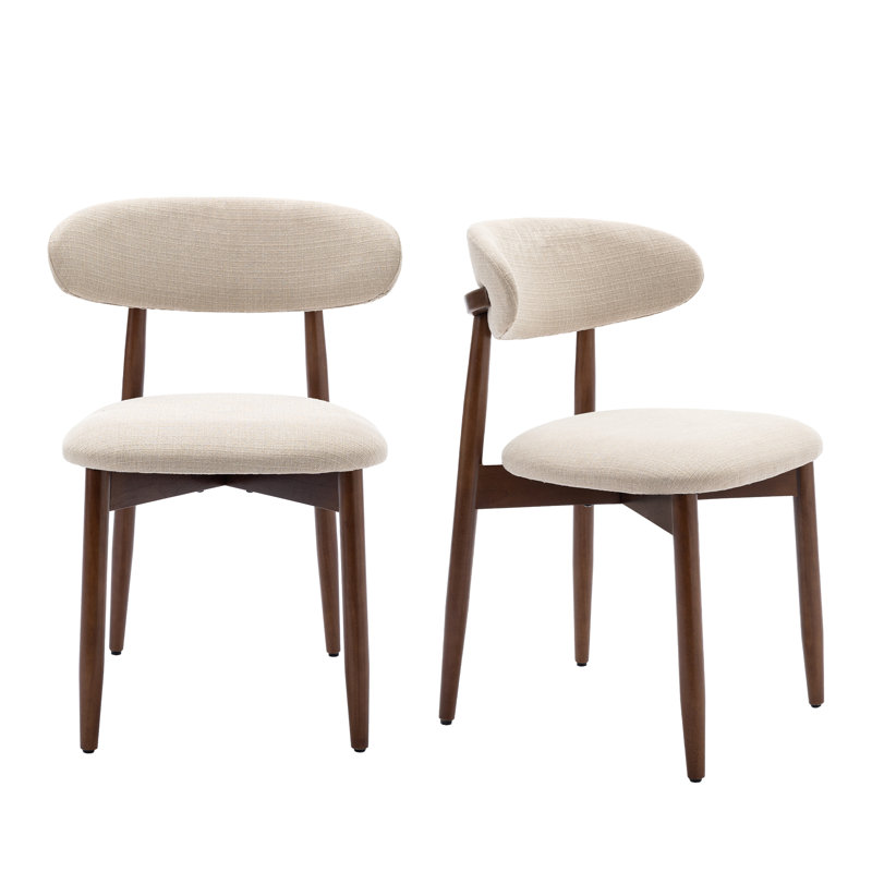  Solid Wood Upholstered Dining Chair - Ergonomic Curved Back, Comfort Fabric, Beige, Walnut
