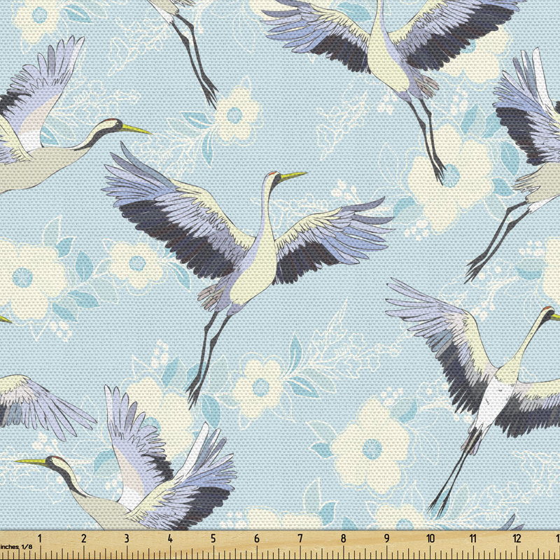 Cheron Repetitive Free Flying Crane Innocent Hand Drawn Flowers Multi-Purpose Fabric
