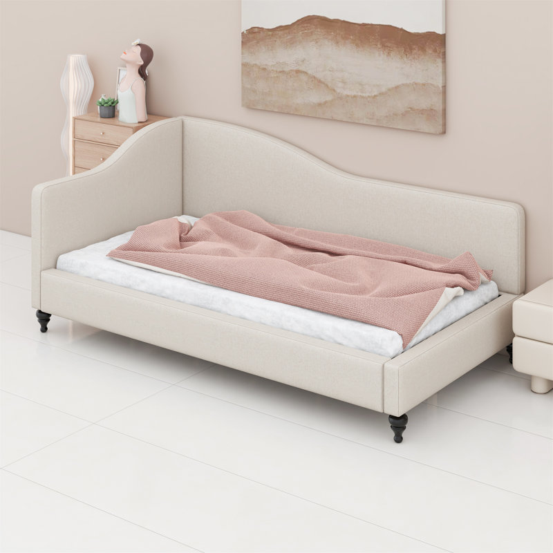 Lit de jour en L avec pieds en bois massif, Beige, Lit simple