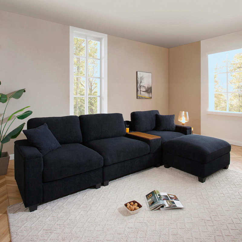 Ensemble de canapé modulaire en L confortable avec table rabattable, plateau pivotant, porte-gobelets, chargeur USB, repose-pieds de rangement et accoudoirs pour des espaces de vie relaxants