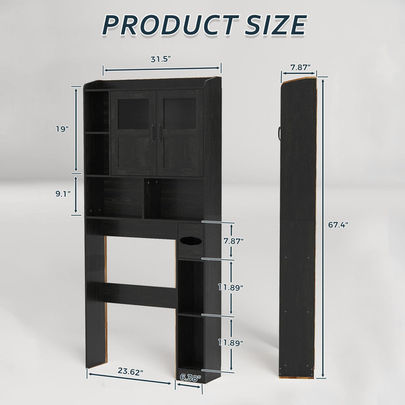  Space-Saving Over Toilet Storage Cabinet – 67" Tall Bathroom Organizer with Glass Door, Adjustable Shelf, Barn Door – Freestanding Restroom, Home Office & Laundry Room Furniture – Black