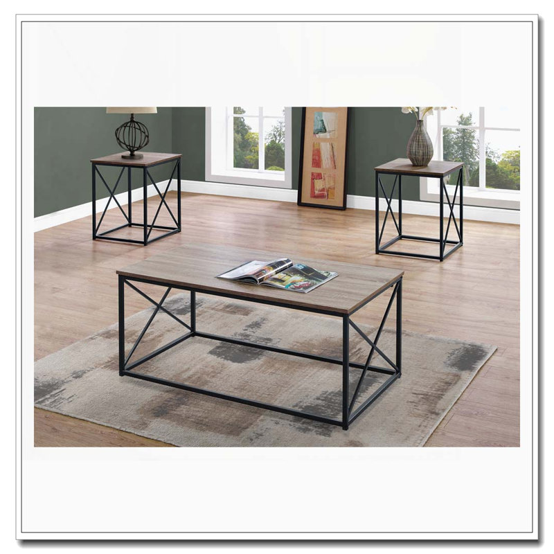 Ensemble de 3 tables basses et tables de bout avec cadre en X, Gris/noir