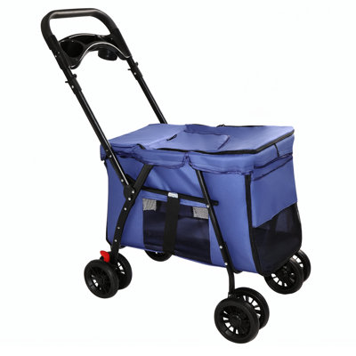 Foldable Pet Stroller with Breathable Mesh and Skylight, 19.69" L x 26.38" W x 42.13" H, Carbon Steel Dog Cat Stroller with Shockproof Wheels and Storage Tray for Small and Medium Pets up to 33 lbs, Navy Blue, 1 Piece