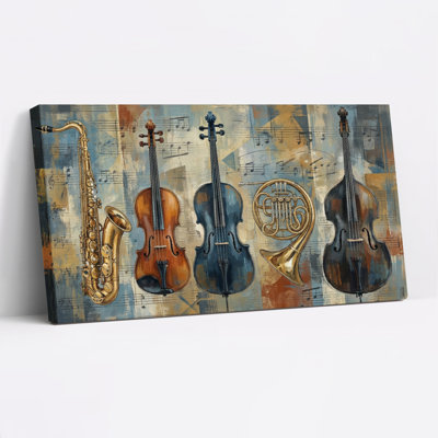 Musical Instruments Saxophone Violin Cello French Horn Canvas Wrapped Wall Art Oil Painting Print With Sheet Music Background (Set Of 1)