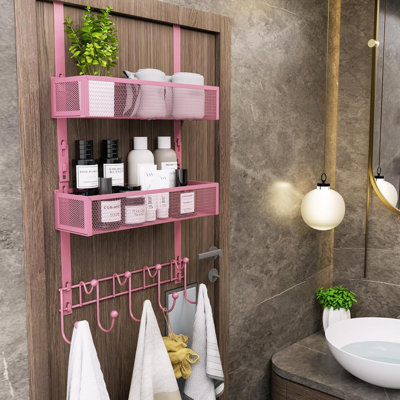 Rangement au-dessus de la porte avec 9 crochets et 2 paniers en maille - Cintre de rangement très long pour serviettes, vêtements et articles de toilette