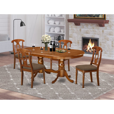 Ensemble de salle à manger moderne de 5 pièces comprenant une table ovale en bois avec rallonge papillon et 4 chaises de salle à manger en lin, 107 x 198 cm, brun selle