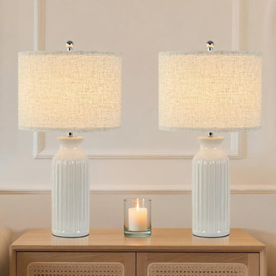 Modern Ceramic Table Lamps Set Of 2 For Living Room And Bedroom, Farmhouse Vintage Design With White Linen Shade, Rustic Nightstand And Desk Lighting For Home Office