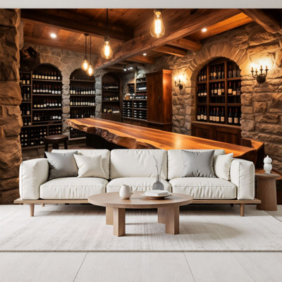 Peel and Stick Wallpaper Rustic Wine Cellar Wooden Bar Stone Walls Wall Murals 69"H x 96"W Removable PVC Wall Paper Self-Adhesive Wall Decor for Bedroom Living Room Home Office