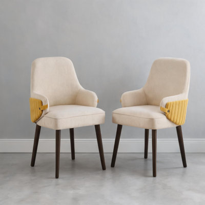 Upholstered Fabric Armchair Set of 2 with Soft Yellow Accent, Solid Wood Frame, Ergonomic Arms for Dining Room, 21.85 x 24.02 x 31.69 Inches, Modern B