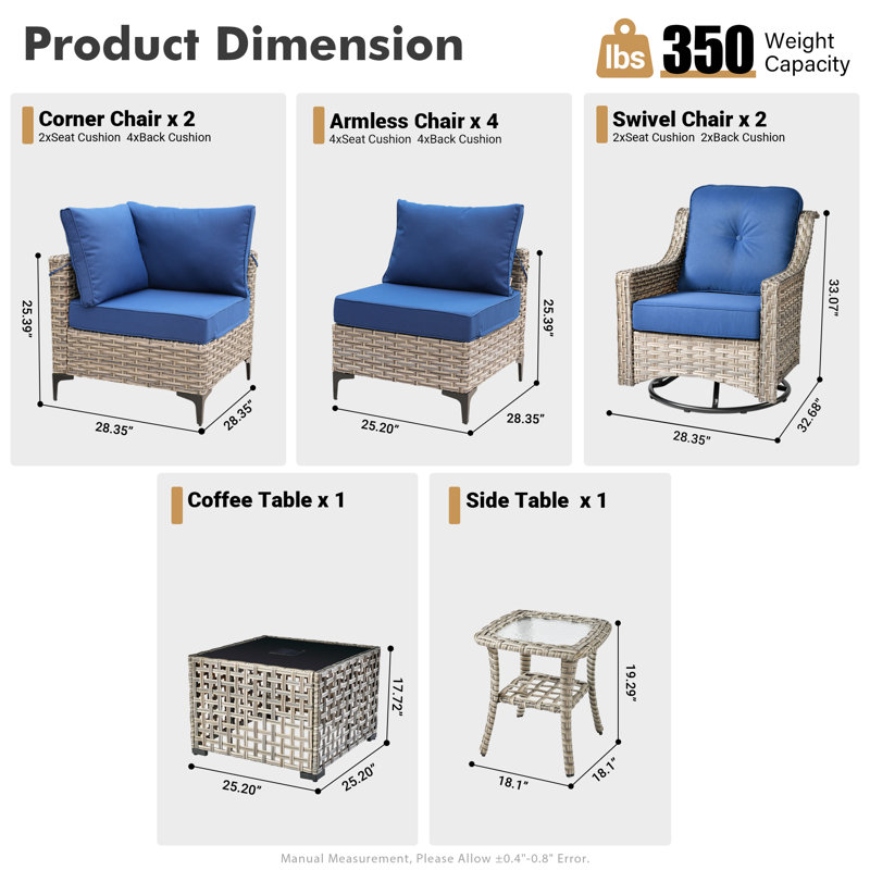 10- Piece Outdoor Patio Furniture Set, All - Weather Wicker Swivel Chairs with Thick Padded Cushions, Sectional Sofa, Coffee Table & Side Table for Garden, Backyard & Patio