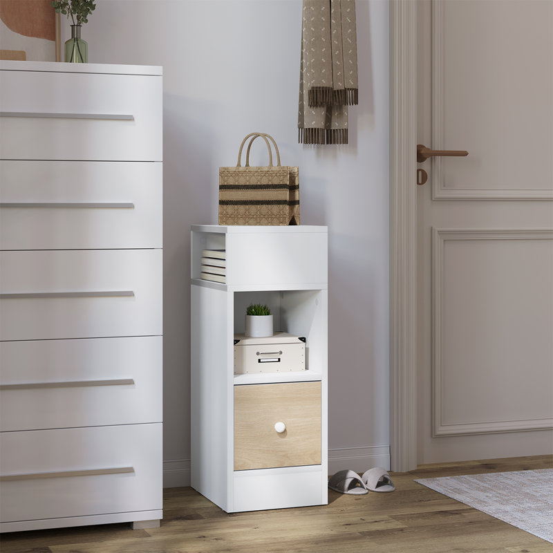 Bedside Table, Nightstand With 2 Open Compartments And 1 Drawer, Night Table, Space Saving Cabinet For Bedroom, Living Room, Chipboard, 25X30X66Cm