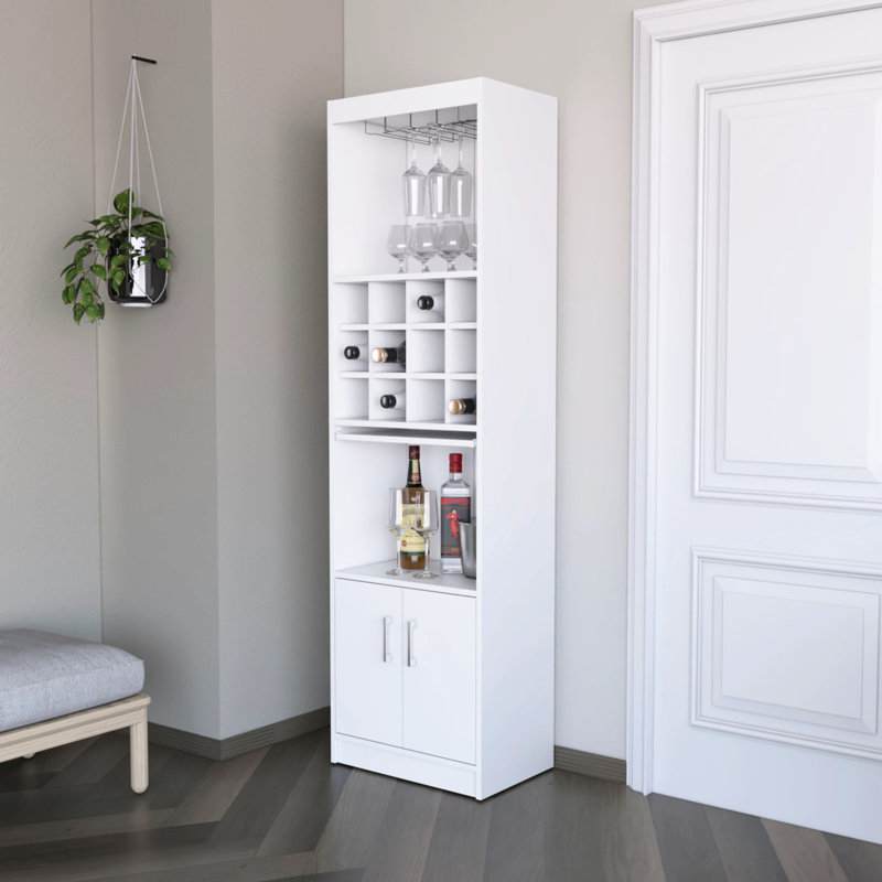 White Bar Cabinet For Wine Arranging And Display Feature - 15 Shelves, 2 Doors, Engineered Wood 13.3 Inches Deep, Construction