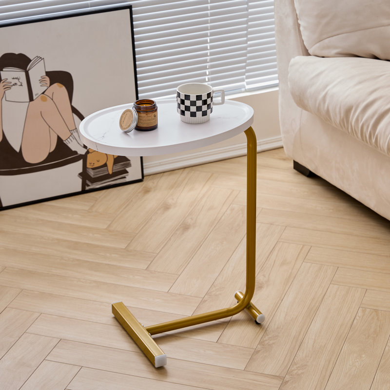 Brown C-Shaped Side Table, Small Sofa Table For Living Room, Plateau blanc / base or