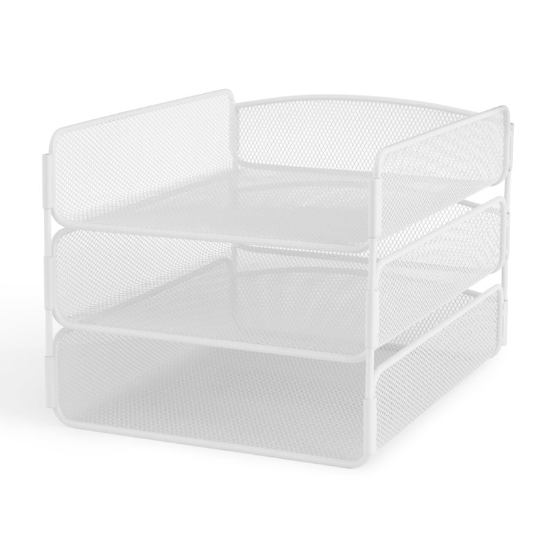 Sleek White Steel Mesh Triple Tray Desk Organizer
