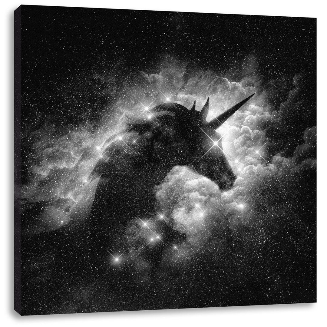 Einhorn Silhouette Galaxy, monochrom als Leinwandbild quadratisch