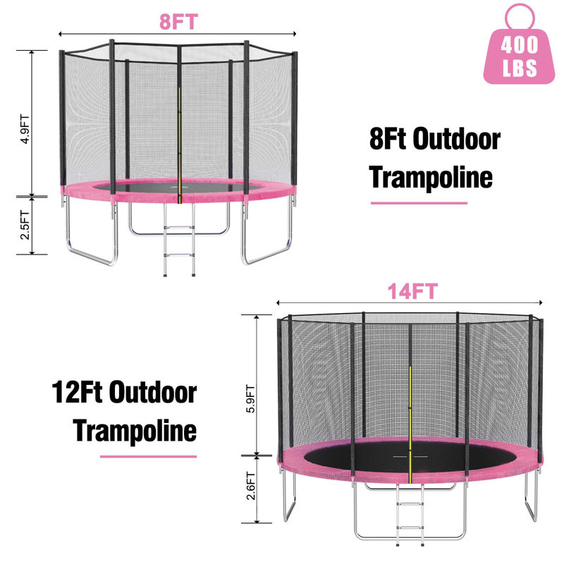 Trampoline AOTOB 12FT pour enfants / adultes, trampoline 1400 LBS avec filet de sécurité / échelle Backyard, rose