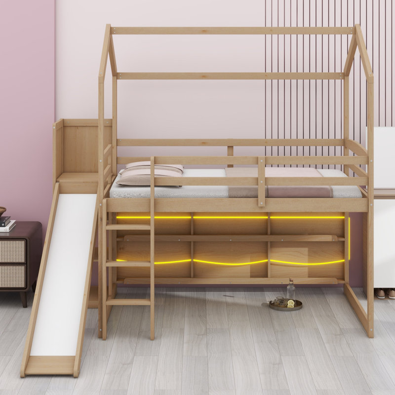Wood House Loft Bed With Slide, Storage Shelves And Light, Climbing Ramp, Wood