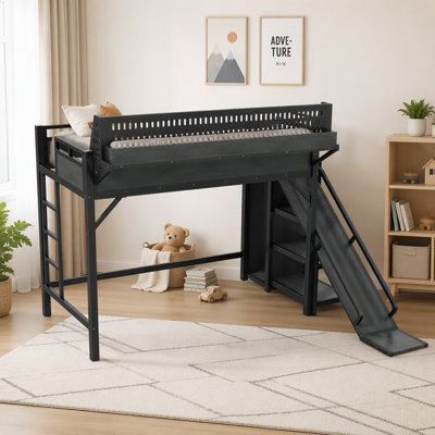 Lit mezzanine en métal avec glissade, ports USB et armoire intégrée