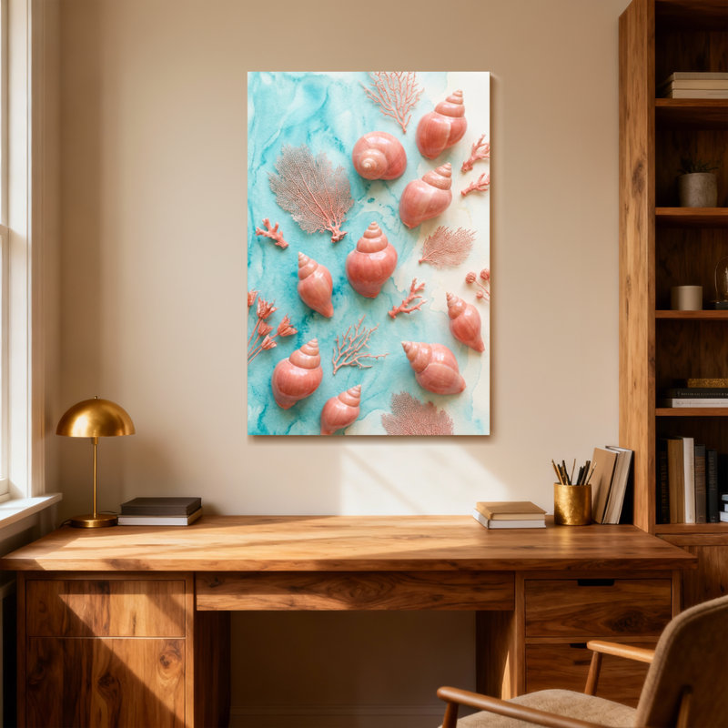 Plantes et fleurs, coquillages roses, fond aquarelle bleu corail, H 24 po x l 16 po