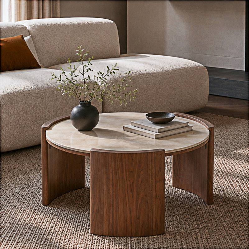 Table basse ronde en pierre frittée, Noyer, jaune