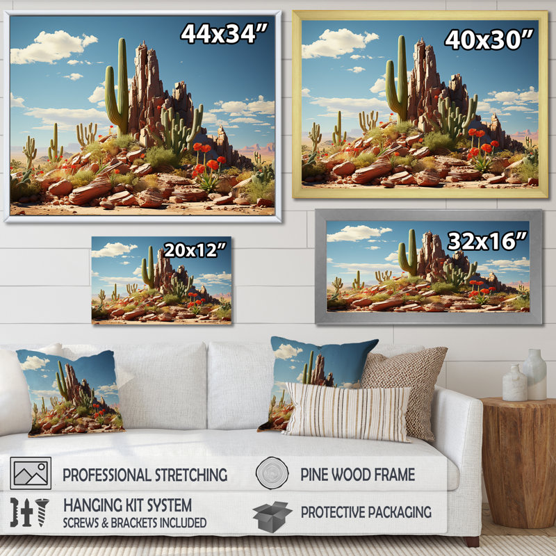 Cactus vert et bleu du désert au Nevada - Art mural floral cactus, Cadre doré à coins fermés, H 34 po x l 44 po x P 1,5 po