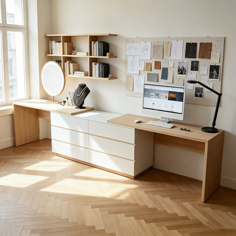 Bureau moderne en L extensible avec 6 tiroirs de rangement, Oak/White