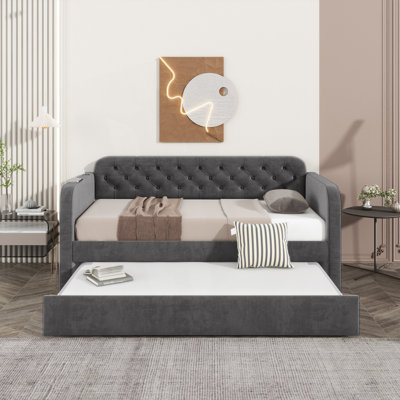 Modern Twin Size Upholstered Daybed With Trundle And Usb Charging Design, Upholstered Daybed Frame, Twin Sofa Bed