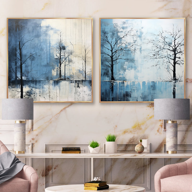 Minimalisme - Charm arbre bleu - ensemble de 2 arbres carrés, H 16 po x l 33 po, Cadre flottant doré