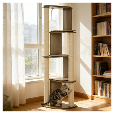 Arbre à chat 65,3 po de haut avec poteaux à griffer en jute, tour à chat multiniveaux brun et blanc pour chats d'intérieur