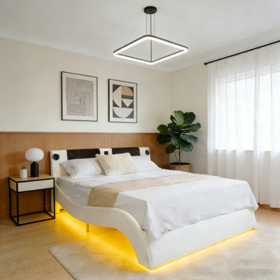 Faux Leather Upholstered Platform Bed Frame With Led Lighting, Bluetooth Connection To Play Music Control, Backrest Vibration Massage, Curve Design, Wood Slat Support, Exhibited Speakers, King Size