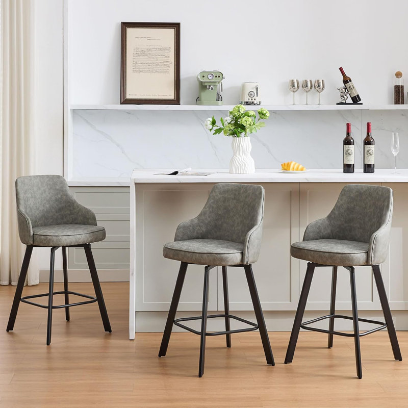 Tabouret de comptoir pivotant rembourré en cuir avec dossier haut (ensemble de 3), Gris, 3