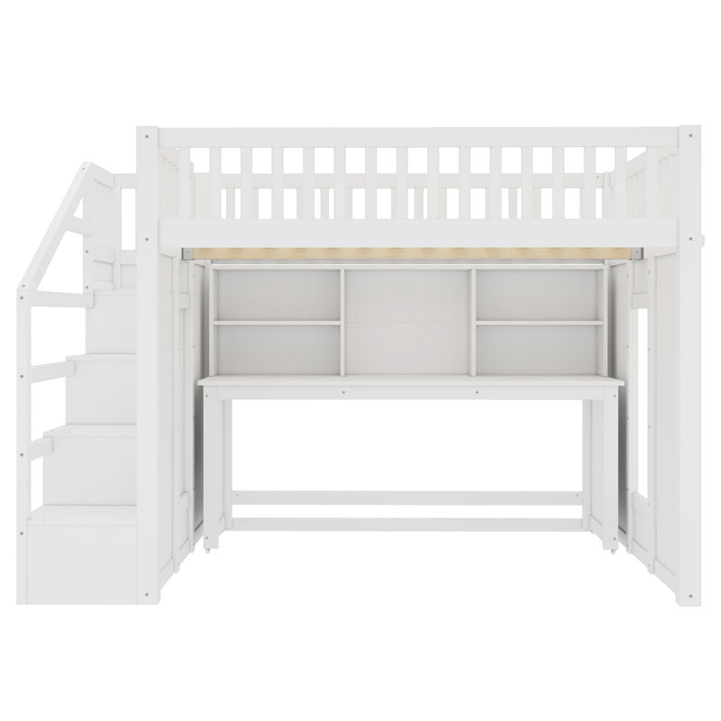 Full Solid Wood Loft Bed with Movable Desk and Shelves, Full, White