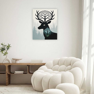 Gray Surreal Stag Silhouette with Pine Tree Antlers Deer Forest Canvas Wall Art 24"x 32"