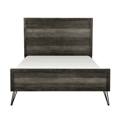 Grand lit de conception contemporaine, fabrication en bois massif, finition grise à 3 tons, pieds en métal, lambris pour la chambre à coucher | Comprend une tête de lit et un sommier à ressorts, un lit de style nécessaire,